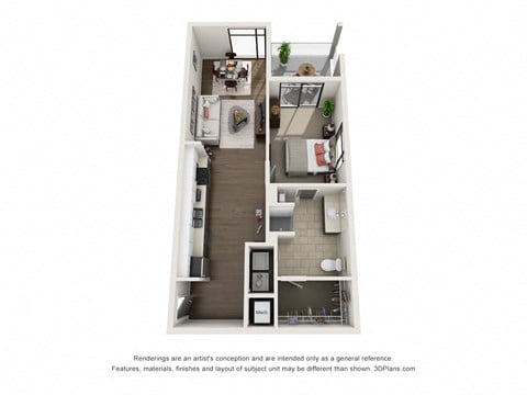 Floor plan for 1 bed, 1 bath, 730 sqft